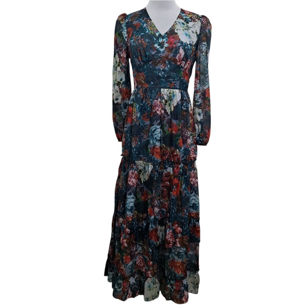 Glamorous Elegant Floral Print V-Neck Tiered Boho Chic Maxi Party Dress Small